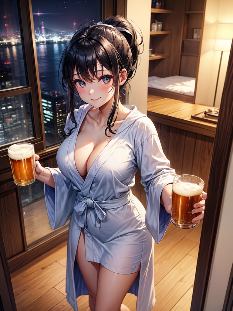 Highest quality,Highest Resolution,Beautiful girl in a gown bathrobe drinking beer from a mug with a smile,Bedroom,Night view outside the window,Big Breasts,Very beautiful eyes,Black hair ponytail,Standing posture,whole body,sweat profusely,