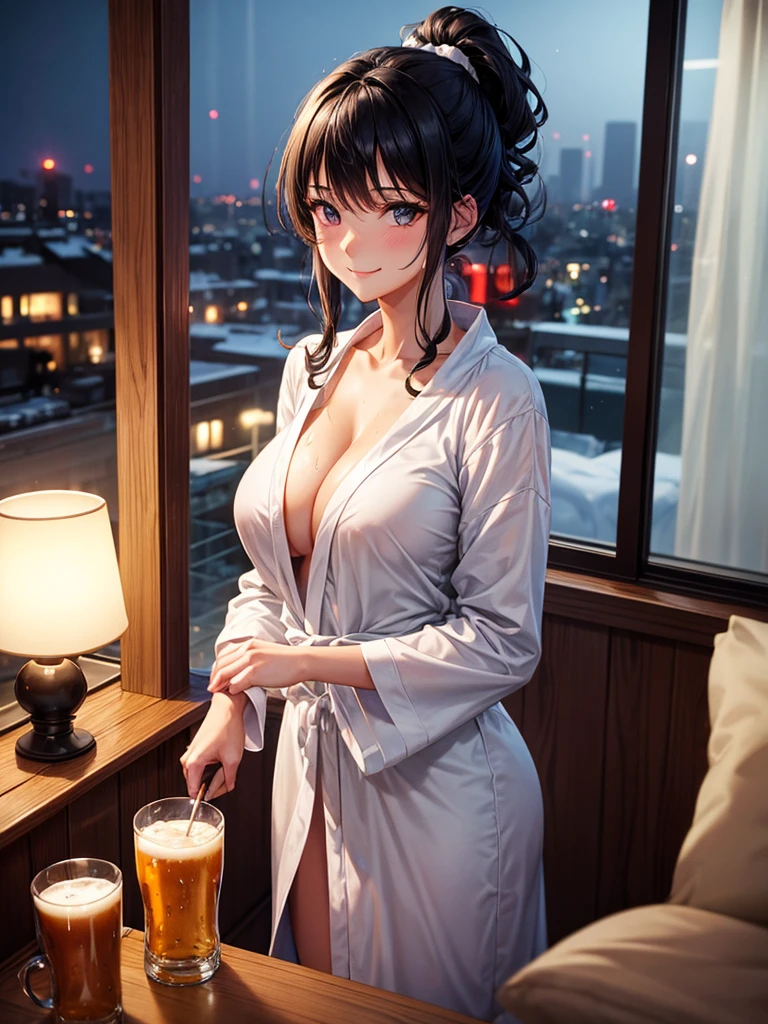 Highest quality,Highest Resolution,Beautiful girl in a gown bathrobe drinking beer from a mug with a smile,Bedroom,Night view outside the window,Big Breasts,Very beautiful eyes,Black hair ponytail,Standing posture,whole body,sweat profusely,