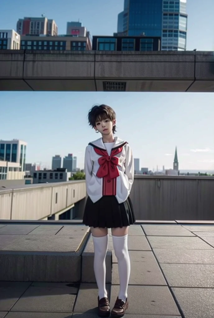 1 little boy，Shota，No makeup，short hair，Cover your skirt with your hands，Male characteristics，Unique的，face to face audience，full-body shot，Red JK，miniskirt，White pantyhose，Sailor Suit，Unique ，roof，City background，Rooftop，8K，Cute princess shoes，Male physiognomy，Sitting