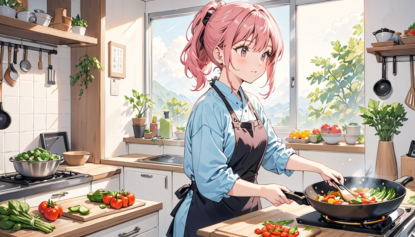 (Highest quality), Girl preparing food in kitchen with vegetables and frying pan,Pink Hair