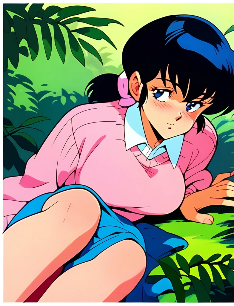 Kyoko,score_9,score_8_superior,score_7_superior,sauce_anime,One girl,alone,Hair tied at the back of the head,Deep in the forest,Lying down,Lying down,Put your hands in your panties,Panting face,Pink Sweater,White collared shirt,length_skirt,blue skirt,