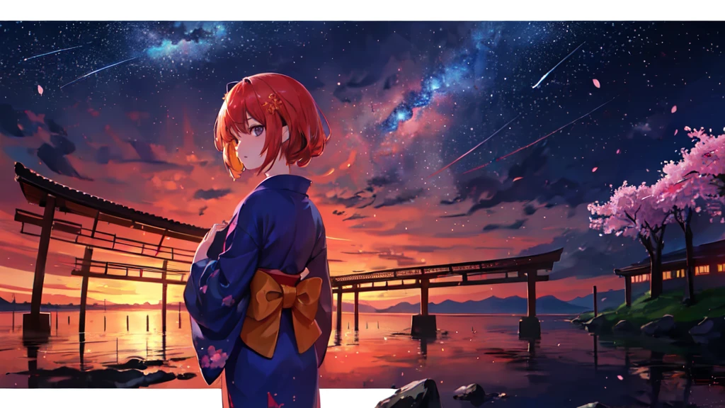 One girl, distant girl wearing a kimono staring at the performer, (Zoom out:1.1), (Meteors:1.2), (comet:1.1), yourname, Low - Angle, From behind, Aloura Borealis, shooting star, yukata, Red kimono, cherry blossoms, Standing in the field,Highest quality, masterpiece,  cloud,colorful, Starry sky,performer,