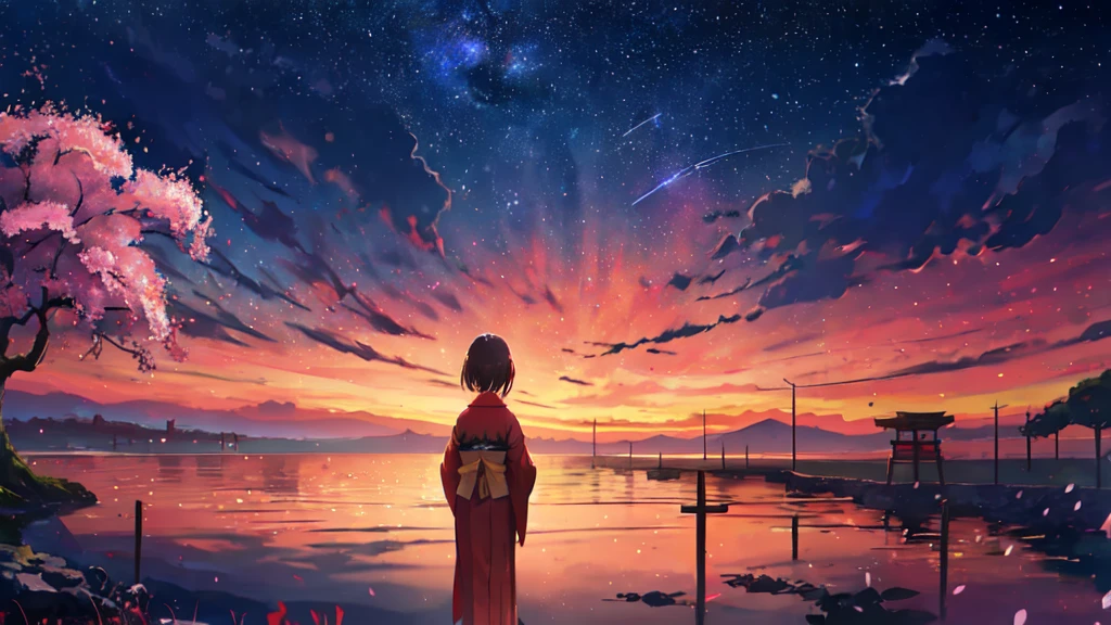 One girl, distant girl wearing a kimono staring at the performer, (Zoom out:1.1), (Meteors:1.2), (comet:1.1), yourname, Low - Angle, From behind, Aloura Borealis, shooting star, yukata, Red kimono, cherry blossoms, Standing in the field,Highest quality, masterpiece,  cloud,colorful, Starry sky,performer,