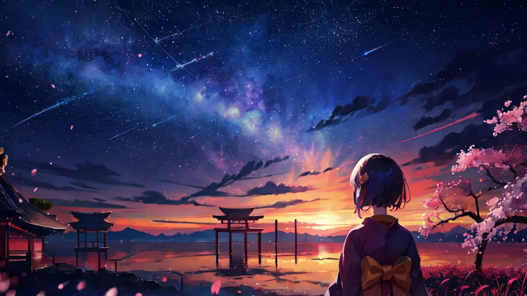 One girl, distant girl wearing a kimono staring at the performer, (Zoom out:1.1), (Meteors:1.2), (comet:1.1), yourname, Low - Angle, From behind, Aloura Borealis, shooting star, yukata, Red kimono, cherry blossoms, Standing in the field,Highest quality, masterpiece, cloud,colorful, Starry sky,performer,