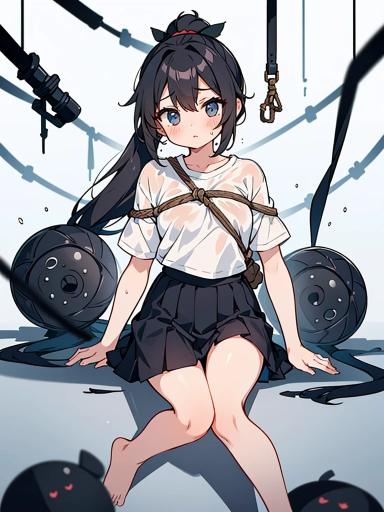 Correct human body structure,perfect,Black ponytail,((young cute girl)),Full body pictures,Rope bondage,Put your hands behind your back,alarmed,blush,wet clothes,white T-shirt,black short skirt,bare legs bare feet