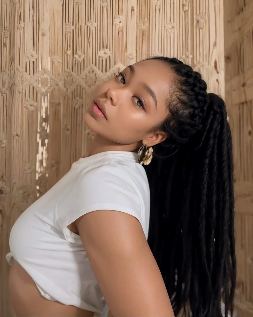 Black woman with braids with her body on her side looking at the camera with small eyes with the face diagonally and the mouth is half open.