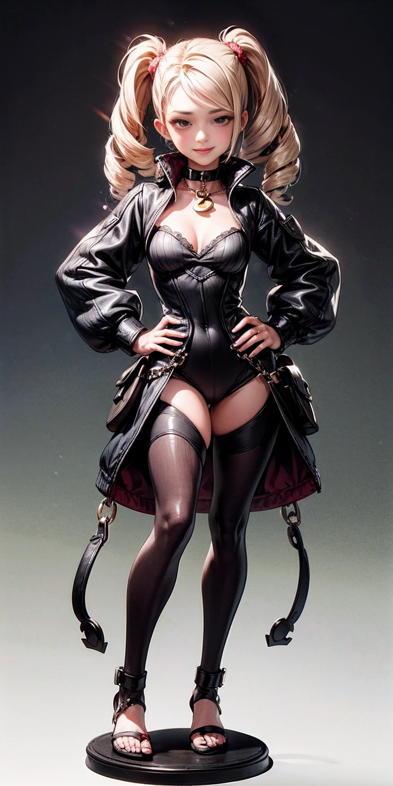 1solo Milf full body standing straight symmetrical, looking at viewer, hands on hips, twin drills twintails, striped pantyhose, golden handcuffs on their hands with a black leather collar around the golden heart necklace and solo girl looking to the camera, cow bell choker, metal sandals, black thigh highs, hands on hips, lustful smirking smile face red blushed