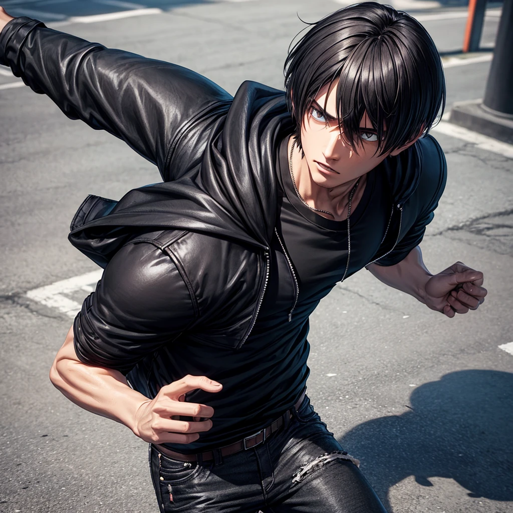 Look like Leon kennedy black hair black hood black jacket gray t shirt black jean running on street back side look Animation 3d