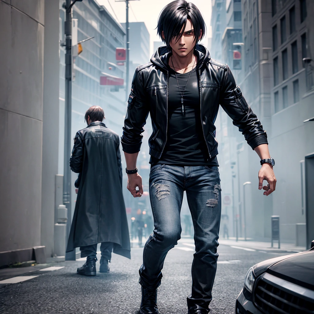 Look like Leon kennedy black hair black hood black jacket gray t shirt black jean running on street back side look Animation 3d