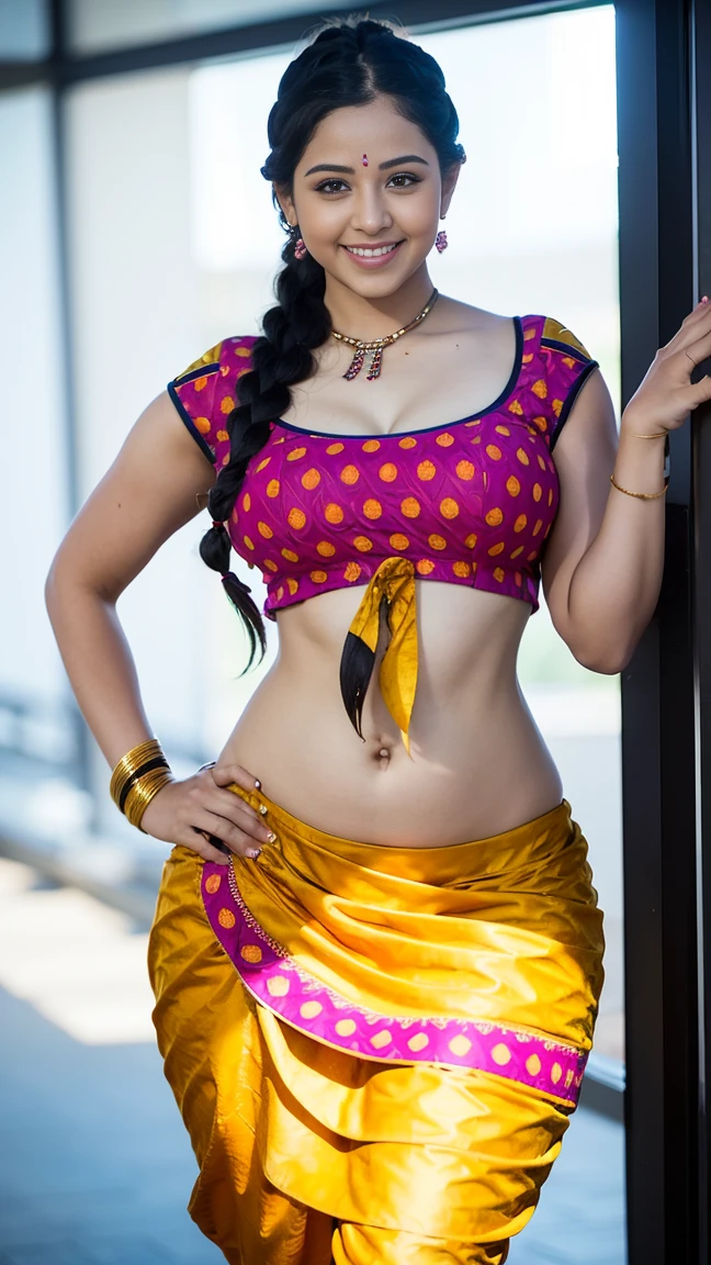 HD wallpaper 32k cinematic shoot of a Beautiful cute girl, with thick thighs and a curvy waist, twin braids,  wearing an Indian blouse top, horny, seductively, in a school corridor, dotted blouse top, smiling, ((long curvy waist)), ((lowwaist)), ((curvy waist))