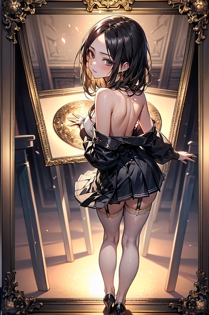 ((Biologically correct limb count))、(( Full-body photo including face))、4K、((Standing position))、masterpiece、((Focus on the face))、((Symmetrical facial features))、Eye for detailed depiction、Beautiful blue-haired woman、Excellent style、Beautiful clavicle、Beautiful feet、Beautiful Hands、Slender body、(stockings、garter belt、High heels）、Facial detailing、Small earrings、necklace、(No sleeve、Pleated skirt、Completely naked)、High heelsに照明を当てる、tie、sunny、(((Photo frame with white border)))、Seductive posture、((Looking up))、(Low - Angle、A camera angle that captures the inside of a skirt from below)、Silk gloves、(((Black Hair、The hair is golden)))、(((Moments of ecstasy)))、((Looking back))