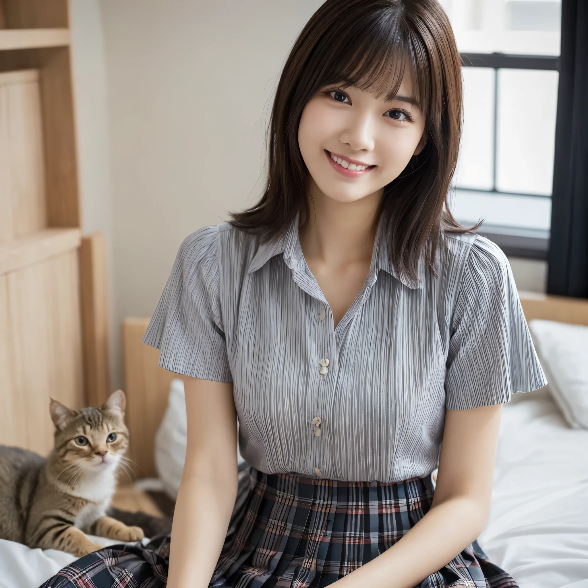 (Highest quality: 1.5), (Realistic: 1.5), (1 person: 1.5), Very detailed, High resolution, 8K,Natural color lips, Cute Smile, Japanese women, 20-year-old girl, Beautiful and elegant features, Perfect and beautiful face, Balanced big eyes, Beautiful and elegant features, Natural double eyelids, Natural Bangs, Beautiful thin nose, Beautiful Skin, Medium Bob Hair , Natural Bangs , Perfect and beautiful face, Slim face and figure, (Looking at the camera with a sweet smile), Bright lighting, Professional Lighting, Forward lighting, Beautiful feet: 1.2, Smooth Skin, Slender body, Slim waistline, slim thin thighs, Cleavage, Detailed clothing, (Short sleeve dress shirt:1.5), (Pleated skirt:1.5), Checkered Pleated Micro Mini Skirt, Short sleeve dress shirt, Ultra HD, Realistic, bedroom, Frolic with cats, Lie down, Playing with cats