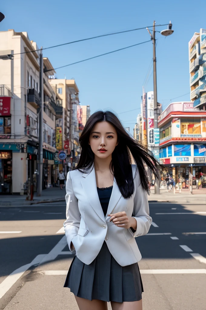 a 17 year old girl, she is the most beautiful actress in the world, the perfect body proportions of this girl, her large breasts, the skin of her upper body is covered 100% by the shirt under the blazer that is firmly closed and buttoned, her crotch between her bare legs are hidden 99% by short skirt, it's only one description of one body, it's from right above her head to right below her shins are within frame, all her body is looking forward to viewer, she is standing at the city street, nsfw, best quality, highly detailed, masterpiece, ultra high res, photo realistic, 8k, RAW photo