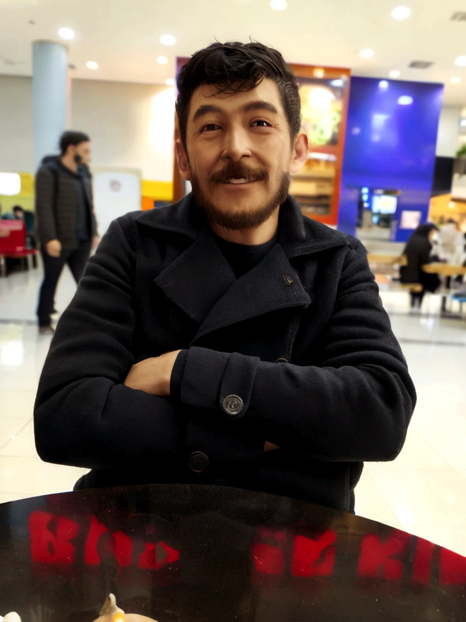 thin man with a beard sitting with his arms crossed smiling in a shopping mall