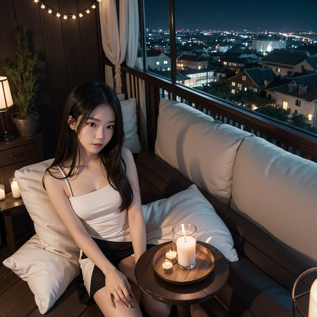 a chinese girl, long hair, sitting sideways looking at the camera on a large white sofa with pillows and blankets on a comfortable balcony with a warm atmosphere, there is a small wooden table with burning candles, and hanging decorative lights, creating a romantic and calm atmosphere, the balcony it has dark brown wooden floors and some tall green plants on the sides, a curved black metal structure forms the top of the balcony, and the backdrop is a nighttime cityscape with historic buildings and a twilight sky