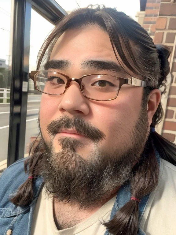 Glasses, beard, Brown eyes, Fat, 1 boy, Fashion Model, ((Twin tails)), (long hair), (Cowboy Shot), 
