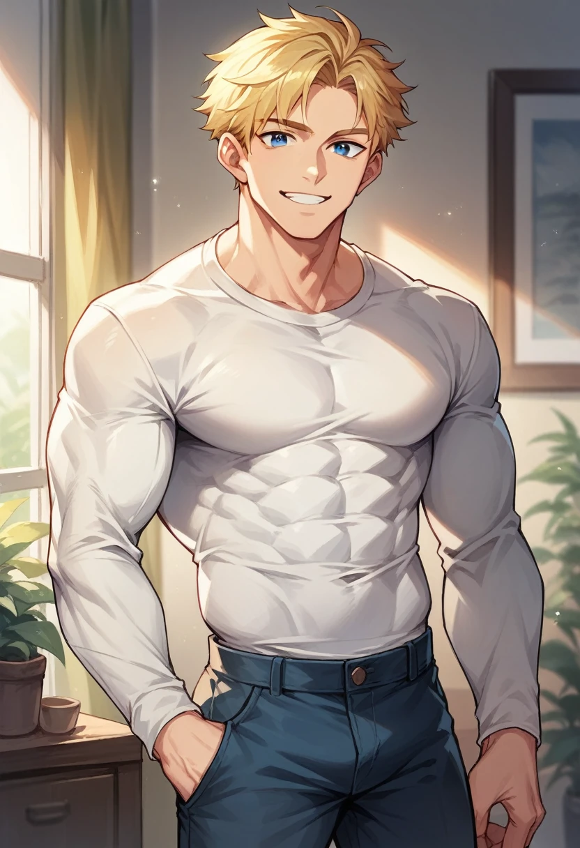 score_9, score_8_up, score_7_up, score_6_up, 1boy, solo, straight hair, short hair, blonde hair, blue eyes, muscular, white shirt, long sleeves, pants, indoors, standing, looking at viewer, smile