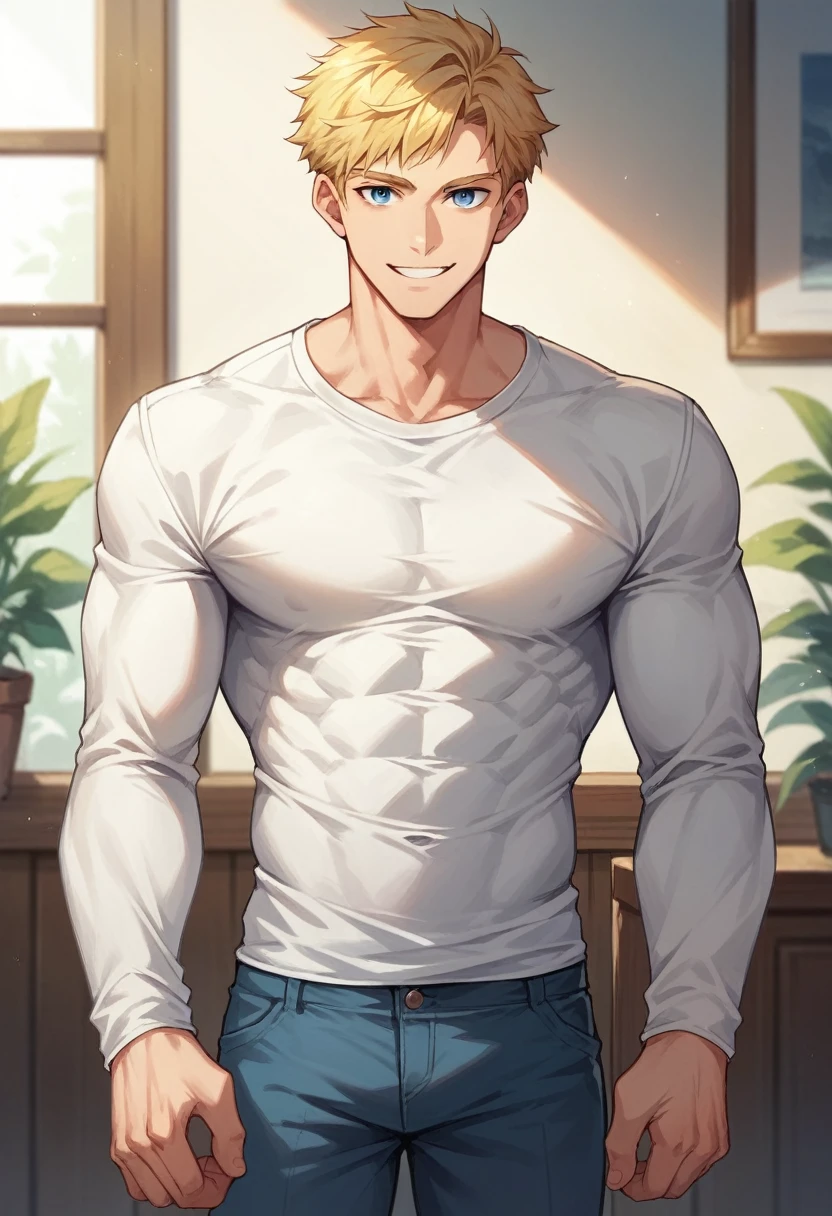 score_9, score_8_up, score_7_up, score_6_up, 1boy, solo, straight hair, short hair, blonde hair, blue eyes, muscular, white shirt, long sleeves, pants, indoors, standing, looking at viewer, smile