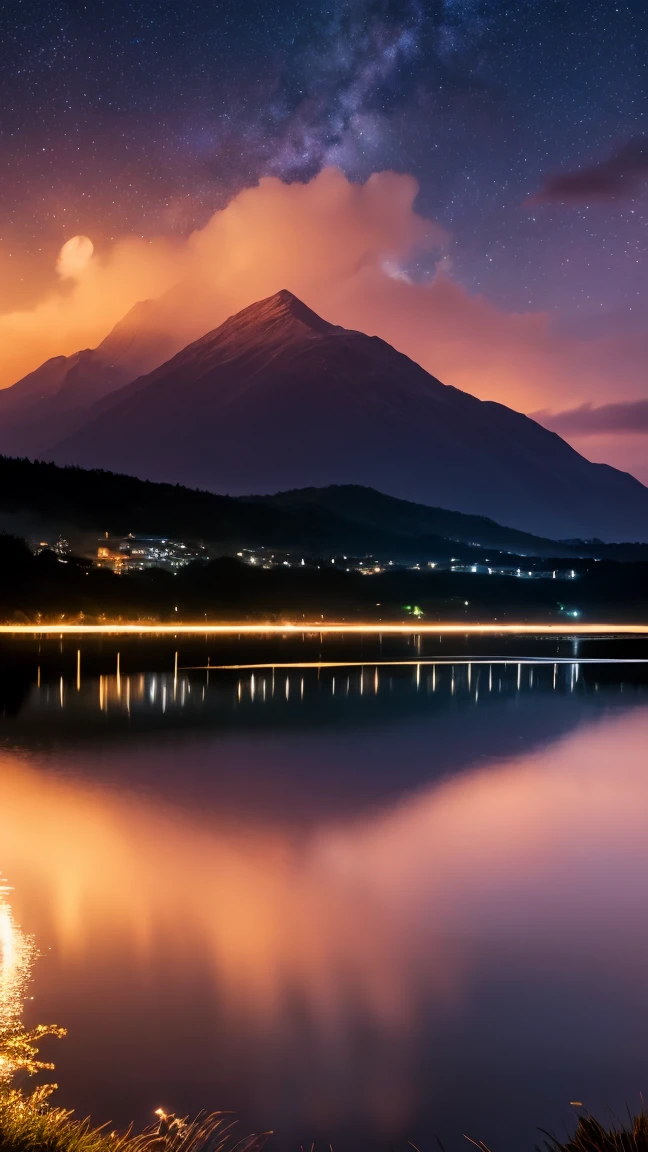 (Highest quality,4K,8K,16K,High resolution,masterpiece:1.2),Super detailed,(Realistic,photoRealistic,photo-Realistic:1.37),Night sunset landscape,Stars in the sky,Moon,Shining Star,Majestic moonlight,Quiet atmosphere,Serene landscape,Twinkling Star,Night beauty,reflection of Moonlight on the water,Soft moonlight glow,Quiet environment,Natural Beauty,dark clouds illuminated by Moonlight,Dreamy atmosphere,Twilight Color,星がShining Night Sky,distant galaxy,Amazing celestial show,A mysterious feeling,The horizon stretches out into the distance,Vibrant colors of the sunset,Shades of orange and purple,Pink in the sky,soft and warm lighting,A canvas full of stars,Calm moonlit landscape,Shining Night Sky,peaceful and quiet,wood々A gentle breeze blowing through,Signs of calm,Picturesque views,Awe-inspiring views,immersive visual experience,breathtakingly beautiful scenery,Magical atmosphere,Fantastic landscape,The moonlight illuminating the surroundings,Natural Beautyしさの驚くべき展示,Awe-inspiring nighttime panorama,Fascinating celestial show.