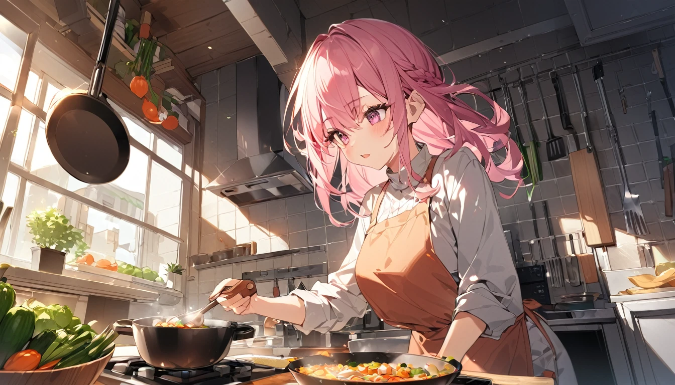 (Highest quality), Girl preparing food in kitchen with vegetables and frying pan,Pink Hair