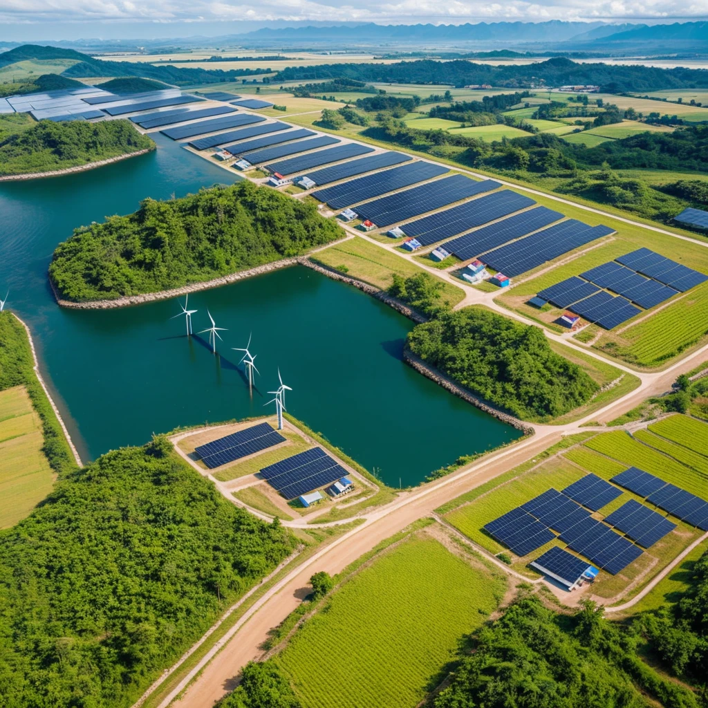 The Energy Sector in the Philippines with a few solar panels and windmills with country side buildings