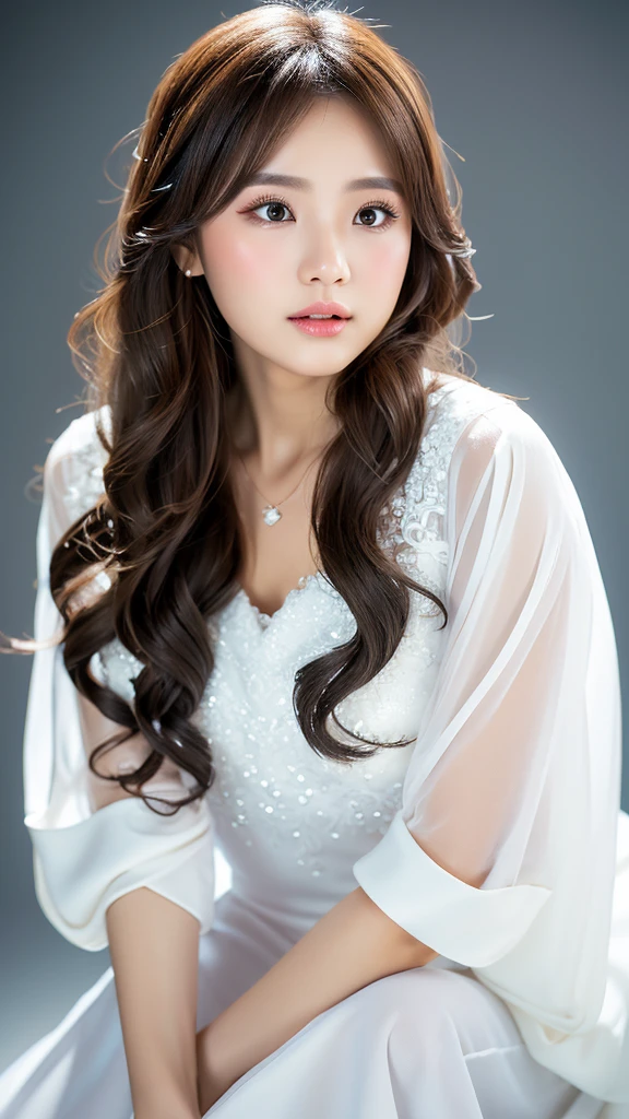 (Detailed face),(between legs),cute,(the chest is hidden)white((formal))Clothes,4K,Ultra-high resolution,(Photorealistic:1.7),Gray background,Long Hair,