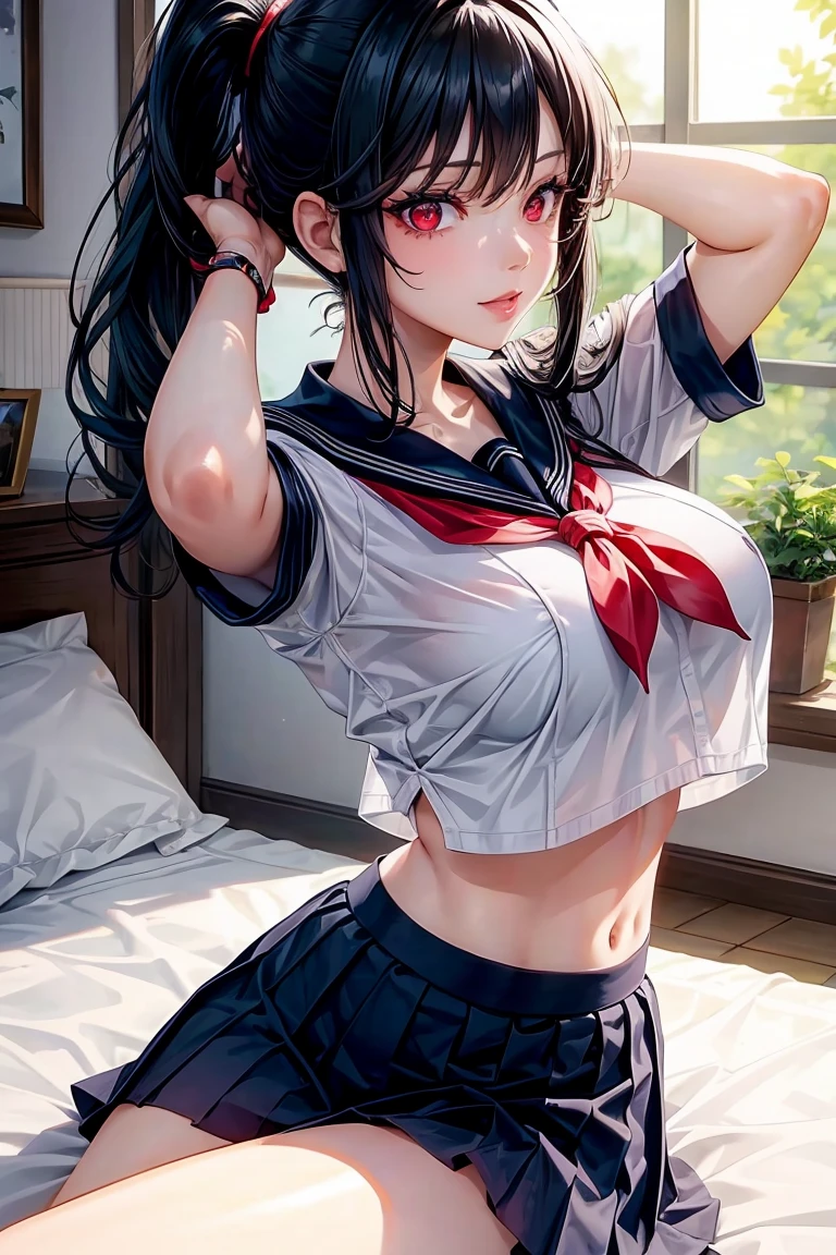 woman, sexy woman, female, mommy, black hair, red eyes, detailed eyes, detailed lips, big breasts, midriff peek, sailor uniform, sit with crossed legs, bedroom, evil smile, seductive lips, looking back crop top overhang, adjusting hair, pony tail, skirt