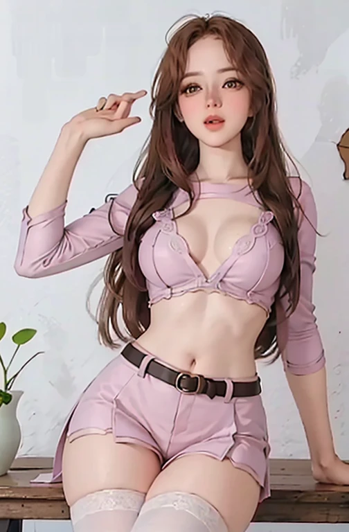 (hyperrealistic), (illustration), (high resolution), (8K), (extremely detailed), (best illustration), (beautiful detailed eyes), (best quality), (ultra-detailed), (masterpiece), (wallpaper), (detailed face), solo 1 girl, white wavy hair, Korean, stockings, stocking belt, big breasts, long legs, tight abs, camel fingers, dynamic pose