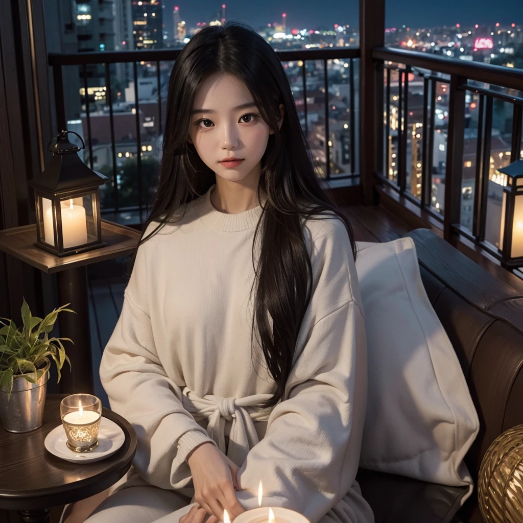 a chinese girl, long hair, sitting sideways looking at the camera on a large white sofa with pillows and blankets on a comfortable balcony with a warm atmosphere, there is a small wooden table with burning candles, and hanging decorative lights, creating a romantic and calm atmosphere, the balcony it has dark brown wooden floors and some tall green plants on the sides, a curved black metal structure forms the top of the balcony, and the backdrop is a nighttime cityscape with historic buildings and a twilight sky