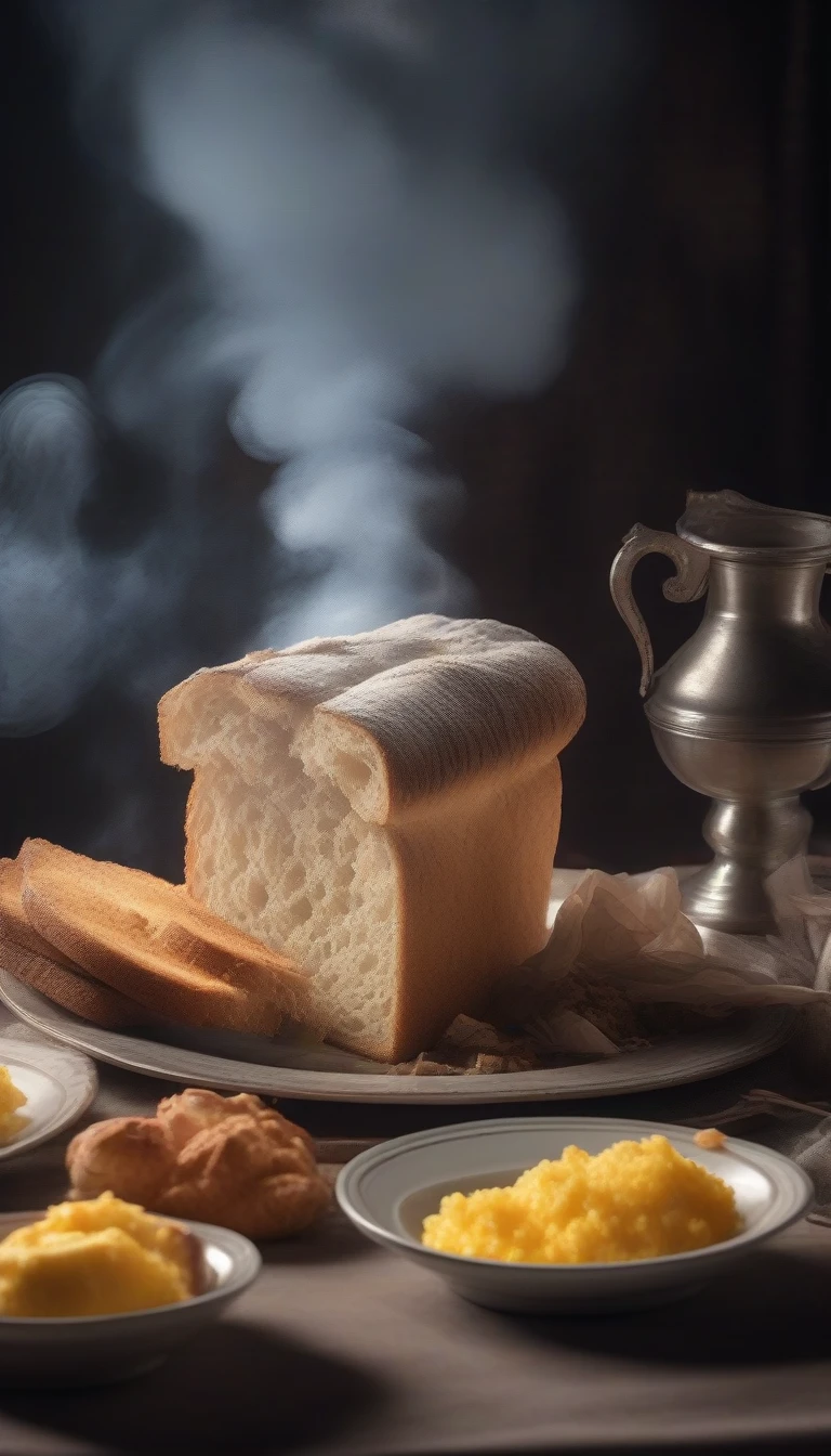 Juicy crumbled bread, Smoke billows from the exquisite breakfast table, Photo-realistic, Promotional photos, Human Development Report, Adobe Lightroom