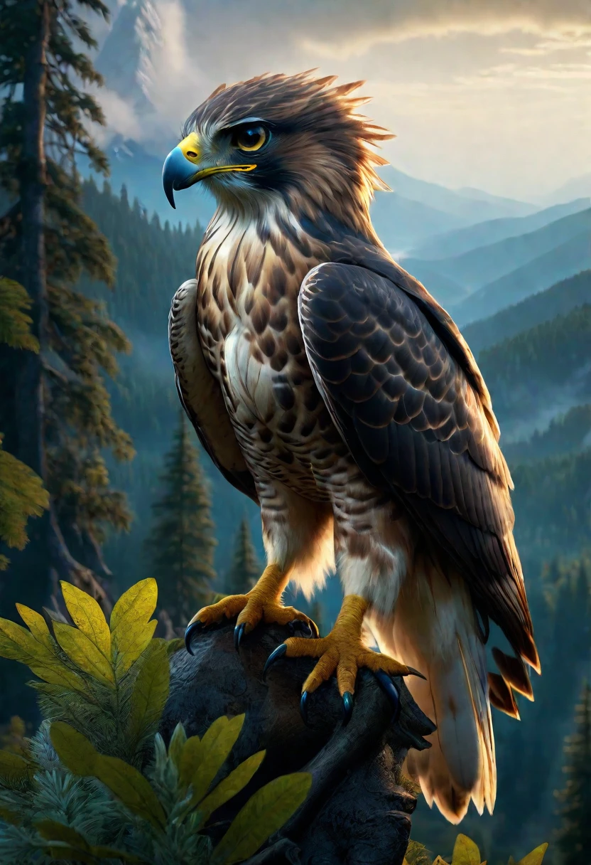 Mountains and forests，There is a kind of beast，It looks like a hawk but has human hands.(best quality，4K，8K，High level，masterpiece：1.2），Ultra Detailed，（lifelike，Photo real，Photo real：1.37），Highly detailed animals，Realistic lighting，Fantasy Creatures