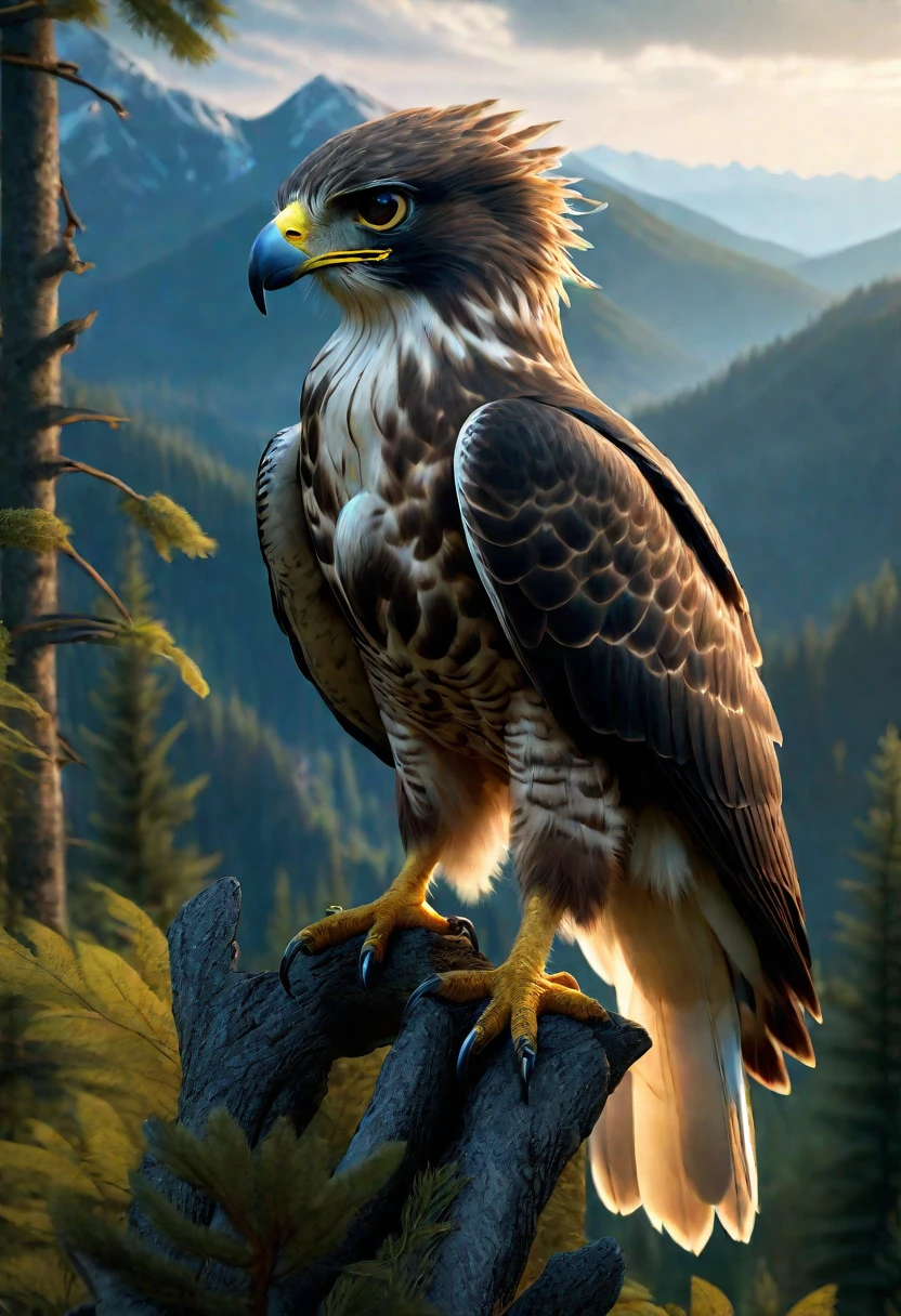 Mountains and forests，There is a kind of beast，It looks like a hawk but has human hands.(best quality，4K，8K，High level，masterpiece：1.2），Ultra Detailed，（lifelike，Photo real，Photo real：1.37），Highly detailed animals，Realistic lighting，Fantasy Creatures