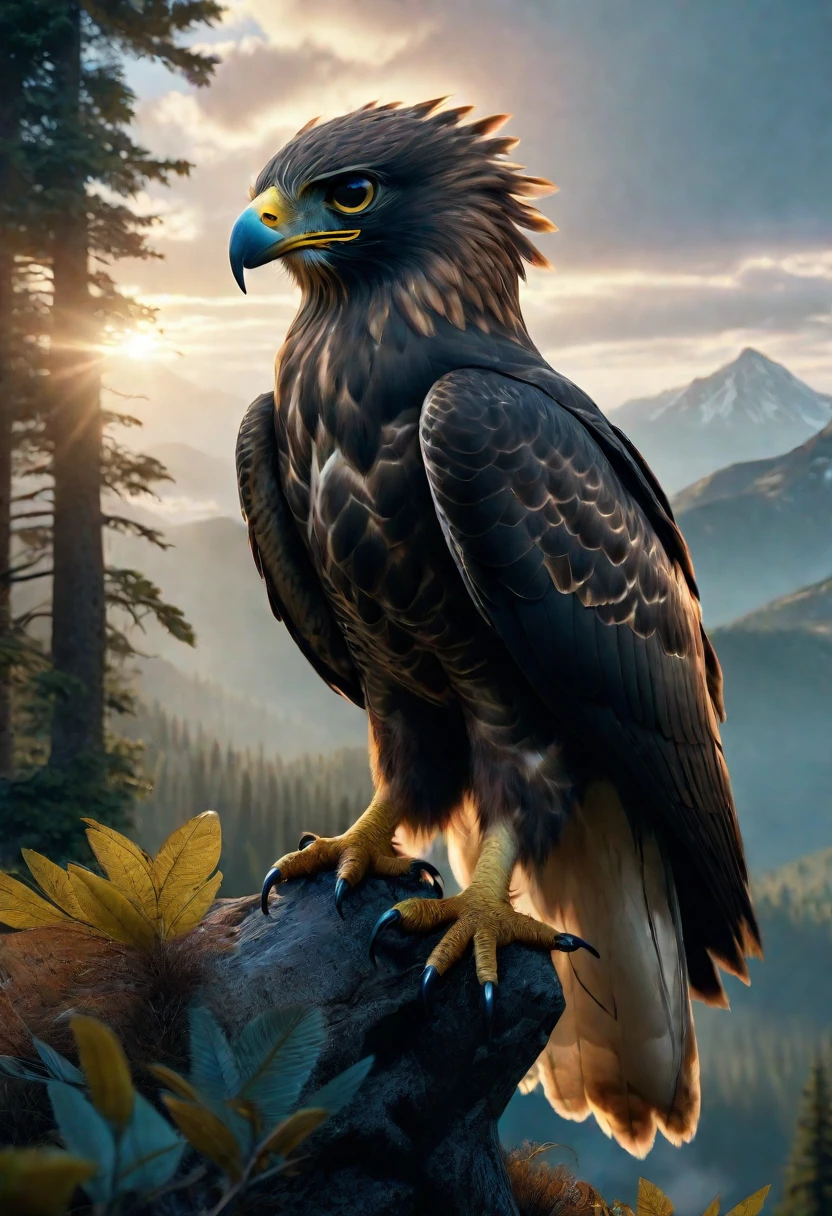 Mountains and forests,There is a kind of beast,It looks like a hawk but has human hands.(best quality,4K,8K,High level,masterpiece:1.2),Ultra Detailed,(lifelike,Photo real,Photo real:1.37),Highly detailed animals,Realistic lighting,Fantasy Creatures