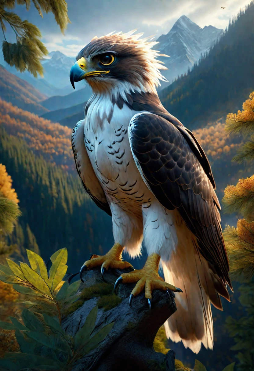 Mountains and forests,There is a kind of beast,It looks like a hawk but has human hands.(best quality,4K,8K,High level,masterpiece:1.2),Ultra Detailed,(lifelike,Photo real,Photo real:1.37),Highly detailed animals,Realistic lighting,Fantasy Creatures