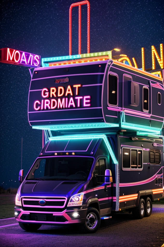 A truck with horns, mortarboards, glow, streamers in a 3D graduation caravan with a text that says Caravans Promo XVI ADR in a 3D typography 