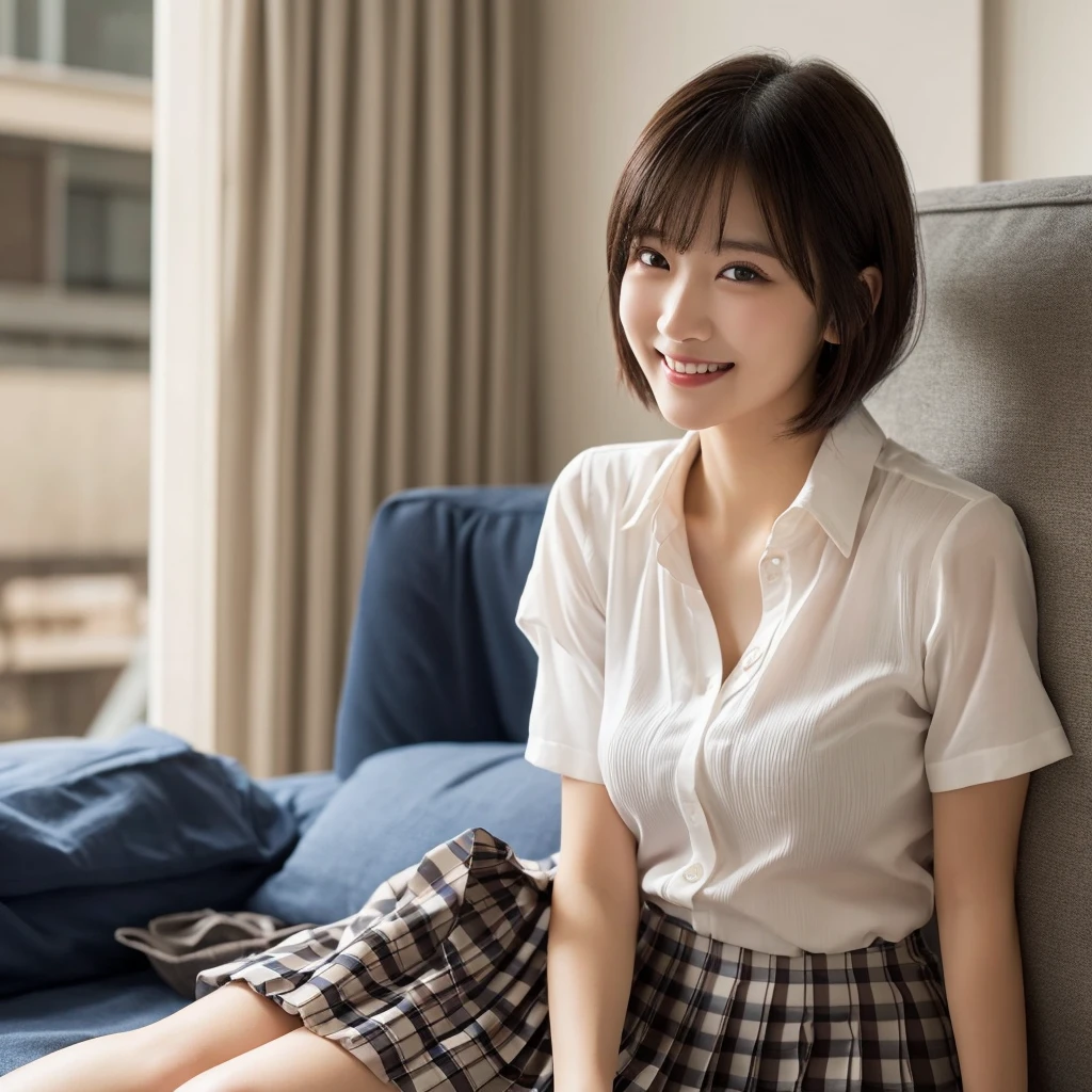 (Highest quality: 1.5), (Realistic: 1.5), (1 person: 1.5), Very detailed, High resolution, 8K,Natural color lips, Cute Smile, Japanese women, 20-year-old girl, Beautiful and elegant features, Perfect and beautiful face, Balanced big eyes, Beautiful and elegant features, Natural double eyelids, Natural Bangs, Beautiful thin nose, Beautiful Skin, Medium Bob Hair , Natural Bangs , Perfect and beautiful face, Slim face and figure, (Looking at the camera with a sweet smile), Bright lighting, Professional Lighting, Forward lighting, Beautiful feet: 1.2, Smooth Skin, Slender body, Slim waistline, slim thin thighs, Cleavage, Detailed clothing, (Short sleeve dress shirt:1.5), (Pleated skirt:1.5), Checkered Pleated Micro Mini Skirt, Short sleeve dress shirt, Ultra HD, Realistic, bedroom, Frolic with cats, Lie down, Playing with cats