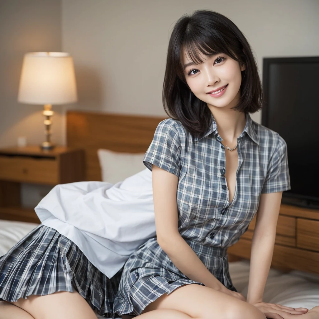 (Highest quality: 1.5), (Realistic: 1.5), (1 person: 1.5), Very detailed, High resolution, 8K,Natural color lips, Cute Smile, Japanese women, 20-year-old girl, Beautiful and elegant features, Perfect and beautiful face, Balanced big eyes, Beautiful and elegant features, Natural double eyelids, Natural Bangs, Beautiful thin nose, Beautiful Skin, Medium Bob Hair , Natural Bangs , Perfect and beautiful face, Slim face and figure, (Looking at the camera with a sweet smile), Bright lighting, Professional Lighting, Forward lighting, Beautiful feet: 1.2, Smooth Skin, Slender body, Slim waistline, slim thin thighs,  Cleavage, Detailed clothing, (Short sleeve dress shirt:1.5), (Pleated skirt:1.5), Checkered Pleated Micro Mini Skirt, Short sleeve dress shirt,  Ultra HD, Realistic, bedroom, Frolic with cats, Lie down, Playing with cats