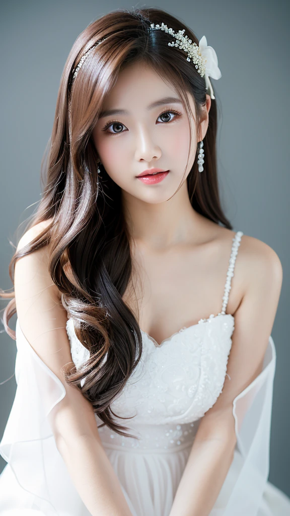 (Detailed face),(between legs),chest,cute,(chestが隠れている)white((formal))Clothes,4K,Ultra-high resolution,(Photorealistic:1.7),Gray background,Long Hair,