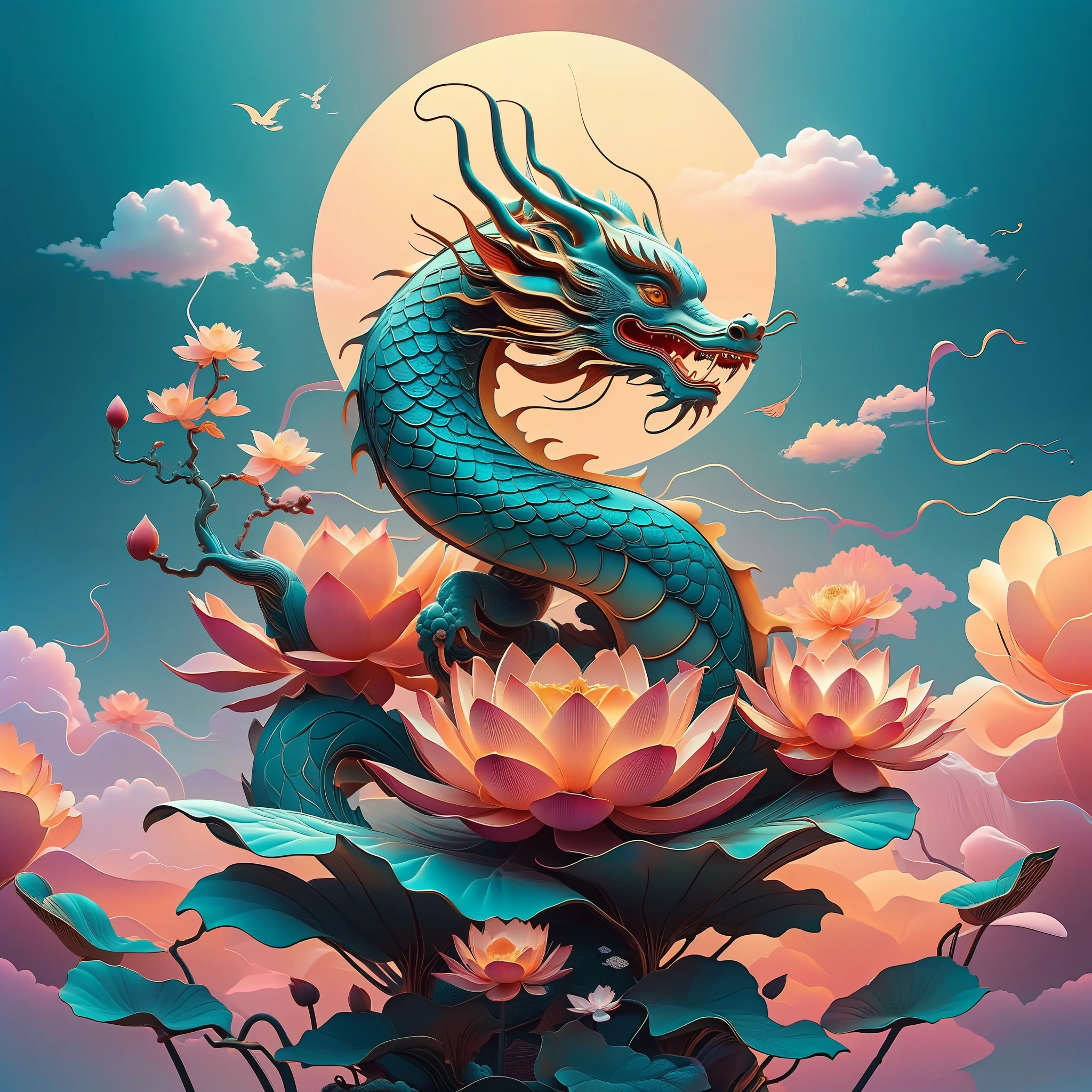 in style of Beeple,Symbolic symbols of plants, minimalist style, Chinese dragon totem art illustration, laser diffuse gradient metal color scheme, New surreal poster design, bold prints, Metal relief, dual tone, solid background, Cloud Pattern chinese, Lotus Pattern, Fang Sheng pattern, 8k, UHD, best quality, highres
