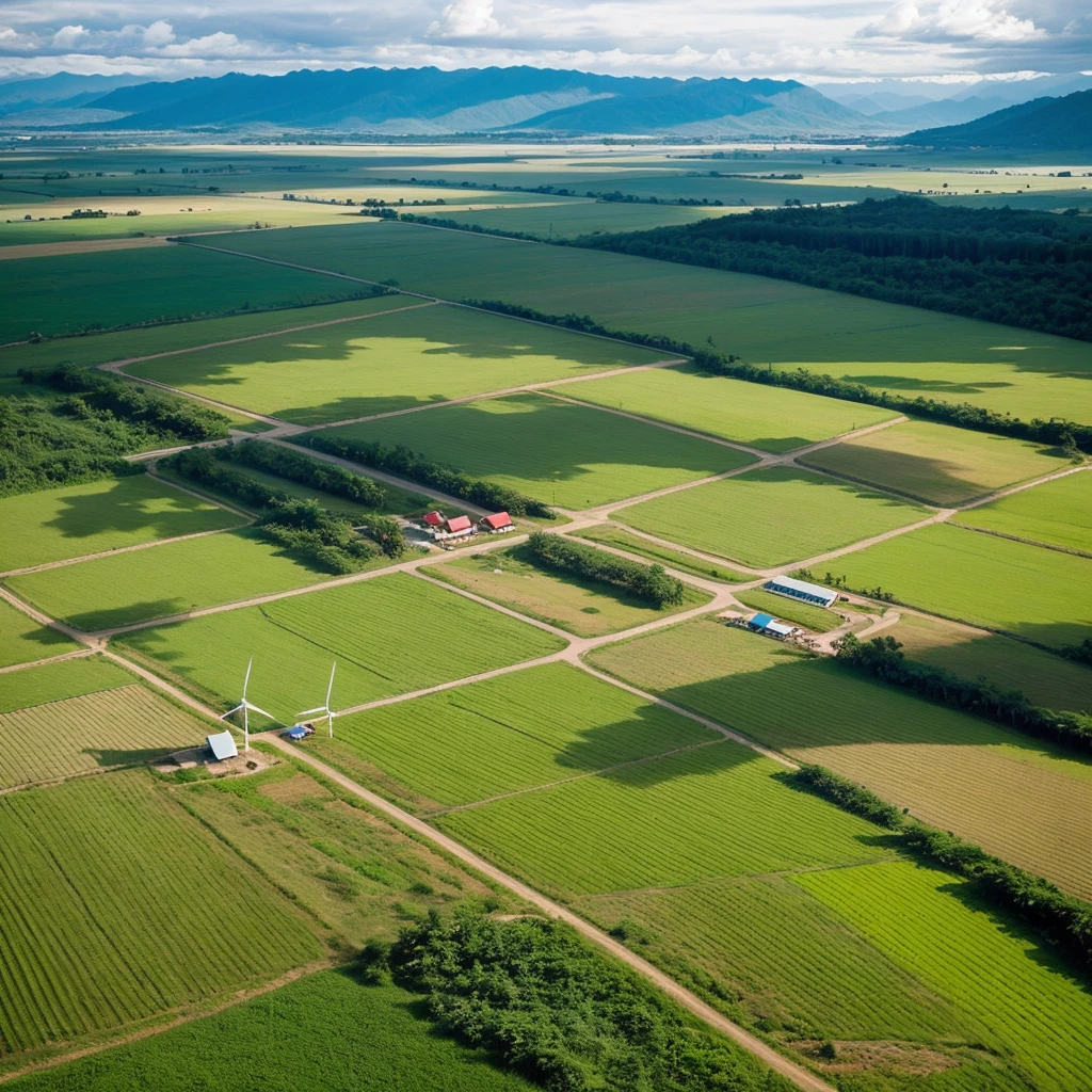 The Energy Sector in the Philippines with a few solar panels and windmills with country side buildings, don't include all water, make it modern looking