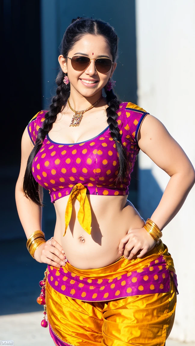 HD wallpaper 32k cinematic shoot of a Beautiful cute girl, with thick thighs and a curvy waist, twin braids, wearing an Indian blouse top, horny, seductively, in a school corridor, dotted blouse top, smiling, ((long curvy waist)), ((lowwaist)), ((curvy waist)), ((sunglasses)), ((putting hands on her face))