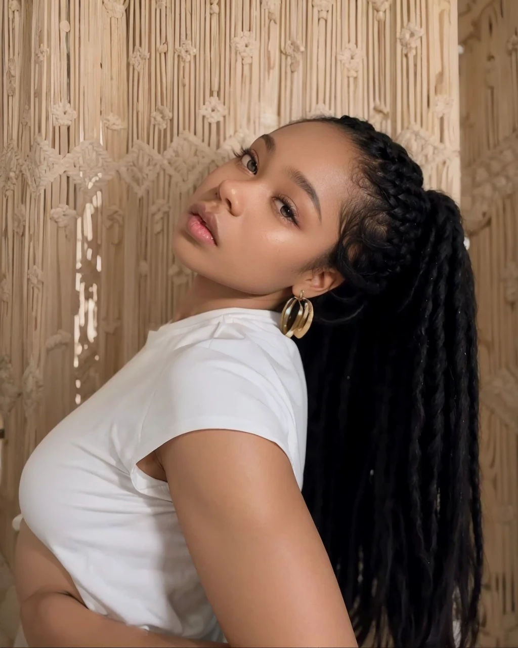 Black woman with braids with her body on her side looking at the camera with small eyes with the face diagonally and the mouth is half open And the thick lips.