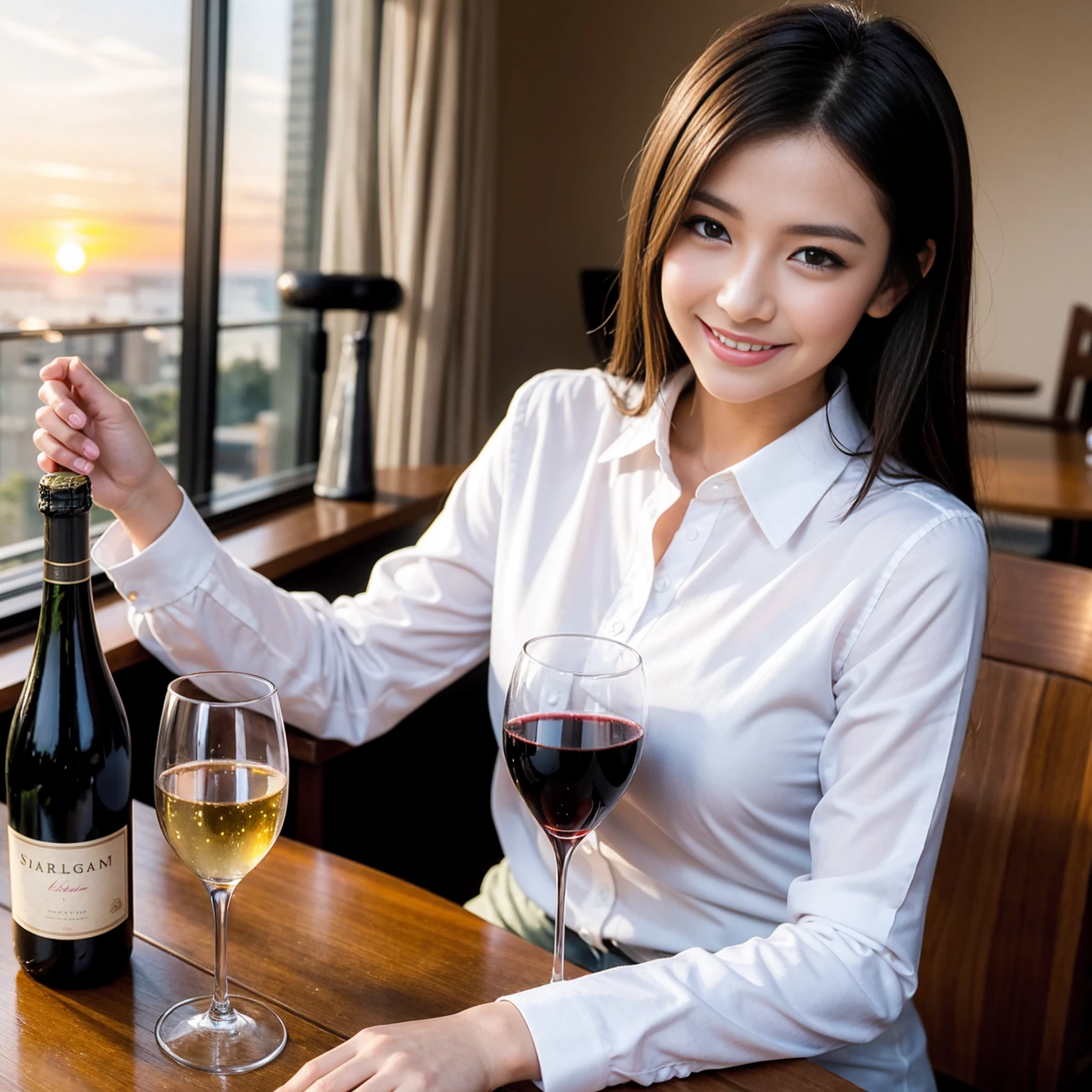 ((Highest quality、8K、masterpiece:1.3))、1 male 1 female、 years old、Slim Beauty、Pink Couple、smile、 (Slim face), (the body is スリム), (Brown Hair), (Shortcuts), テーブルのフルコースディナーとwine glass、Amazing view of the sunset sky and clouds、smileの美しさ、Wine bottle、sparkling wine、Long sleeve shirt、dress、White wine, red wine, wine glass,