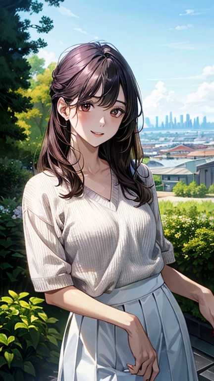 (masterpiece:1.2, Highest quality, Ultra-high resolution, Super detailed), (Realistic, photoRealistic:1.4), Beautiful illustrations, (Natural Side Lighting, Cinema Lighting),
View your viewers, 1 Girl, Japanese, high school girl, Perfect Face, (Perfect Anatomy), Cute and symmetrical face, Shiny skin, thin,
(Long Hair, Updo, Purple Hair), Hair between the eyes, Swept-apart bangs, Brown eyes, Droopy eyes, Big eyes, Long eyelashes, (Medium chest),
Beautiful Hair, Beautiful Face, Beautiful attention to detail, Beautiful clavicle, Beautiful body, Beautiful breasts, Beautiful thighs, Beautiful feet,
((White collared shirt, White Skirt, Light brown V-neck sweater)),
(Beautiful views), Depth of written boundary, morning, (garden, distant cityscape), Standim, (Cute smile, Upward glance, Open your mouth),