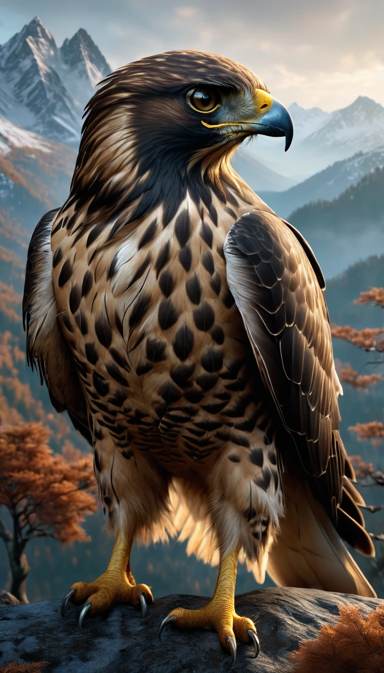 Mountains and forests,There is a kind of beast,It looks like a hawk but has human hands.(best quality,4K,8K,High level,masterpiece:1.2),Ultra Detailed,(lifelike,Photo real,Photo real:1.37),Highly detailed animals,Realistic lighting,Fantasy Creatures