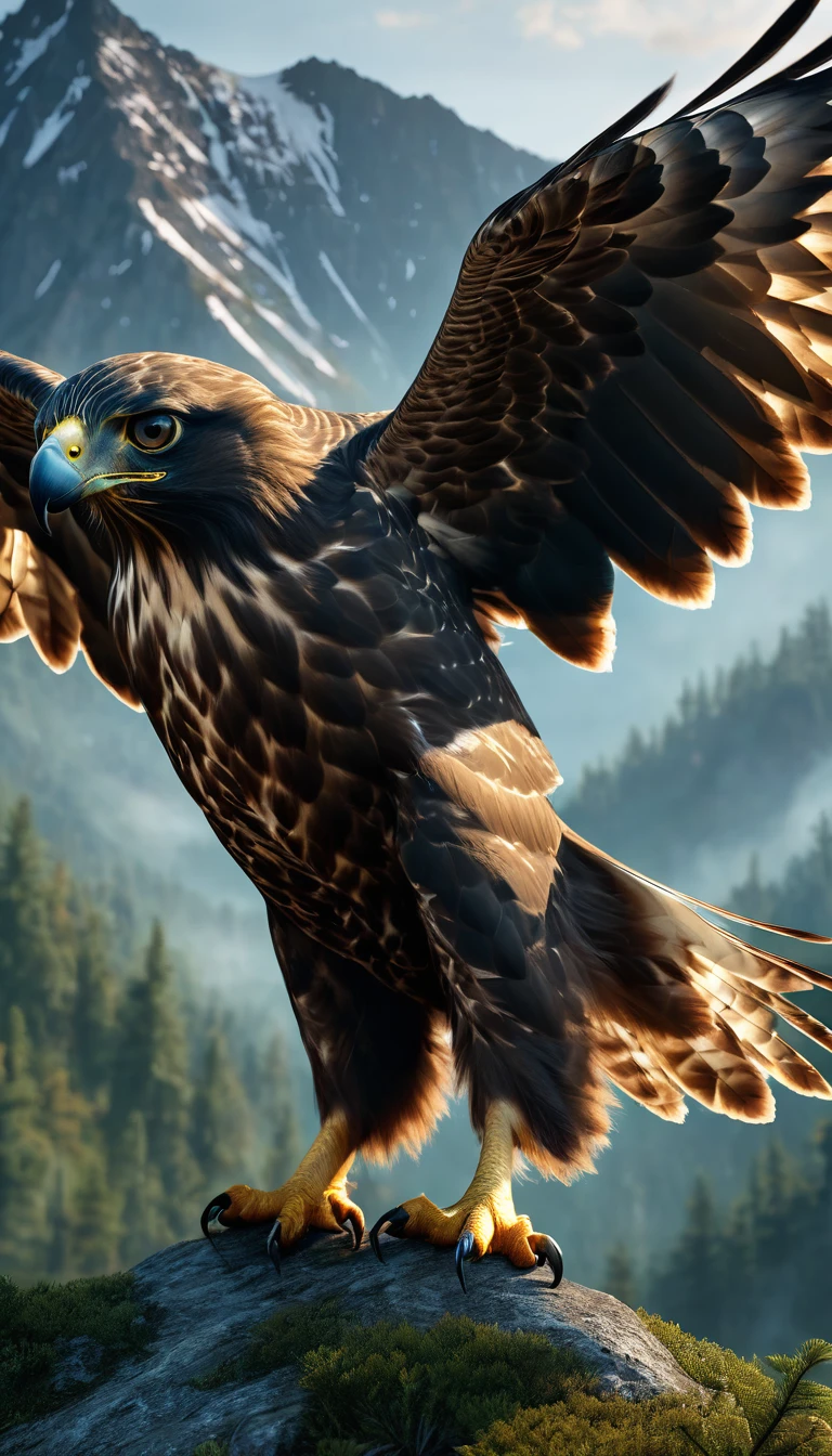 Mountains and forests，There is a kind of beast，It looks like a hawk but has human hands.(best quality，4K，8K，High level，masterpiece：1.2），Ultra Detailed，（lifelike，Photo real，Photo real：1.37），Highly detailed animals，Realistic lighting，Fantasy Creatures