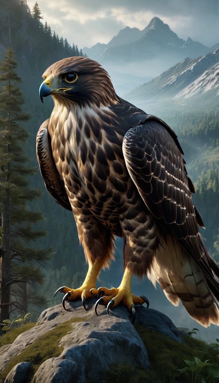 Mountains and forests，There is a kind of beast，It looks like a hawk but has human hands.(best quality，4K，8K，High level，masterpiece：1.2），Ultra Detailed，（lifelike，Photo real，Photo real：1.37），Highly detailed animals，Realistic lighting，Fantasy Creatures
