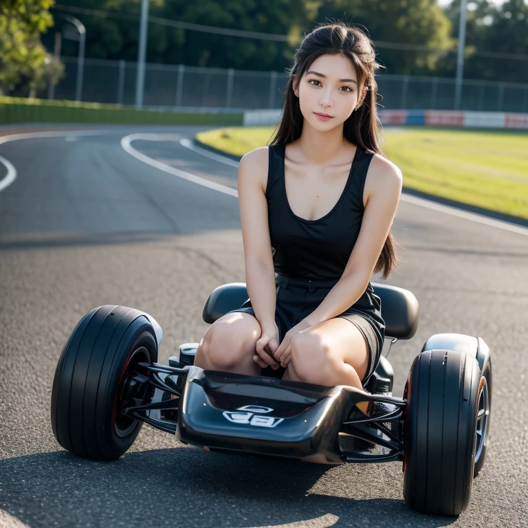 Racing Kart、circuit、Running、Take the wheel、(Highest quality)、((Very detailed))、4K、(8K)、masterpiece、Very detailedな、Highest quality、Super Resolution、1 person、Kind Face、Soft Light、RAW quality、Soft Skin、163cm、30 years old