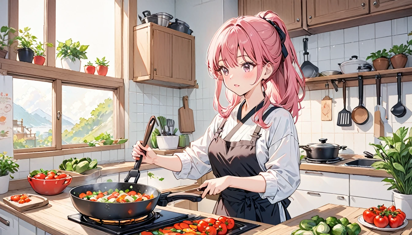 (Highest quality), Girl preparing food in kitchen with vegetables and frying pan,Pink Hair