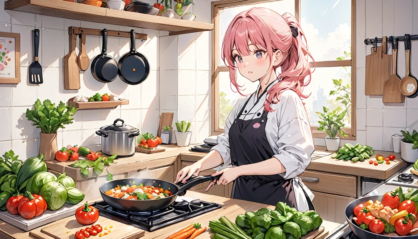 (Highest quality), Girl preparing food in kitchen with vegetables and frying pan,Pink Hair